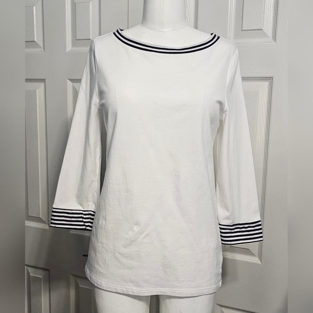 Talbots Women's 3/4 Sleeve White/Black Preppy Top Size S